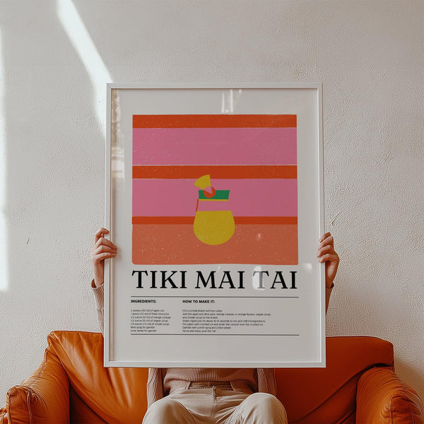 Bar wall art featuring a vibrant Tiki Mai Tai cocktail on a striped pink and orange background.