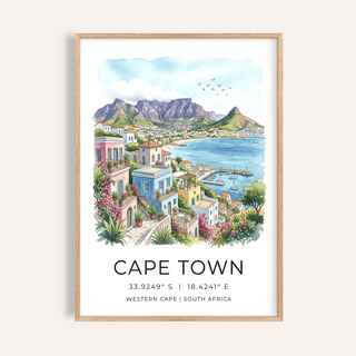 Watercolor Cape Town Art Print poster with Table Mountain, bay, and hillside houses
