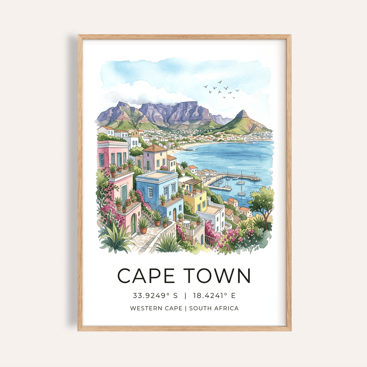 Watercolor Cape Town Art Print poster with Table Mountain, bay, and hillside houses