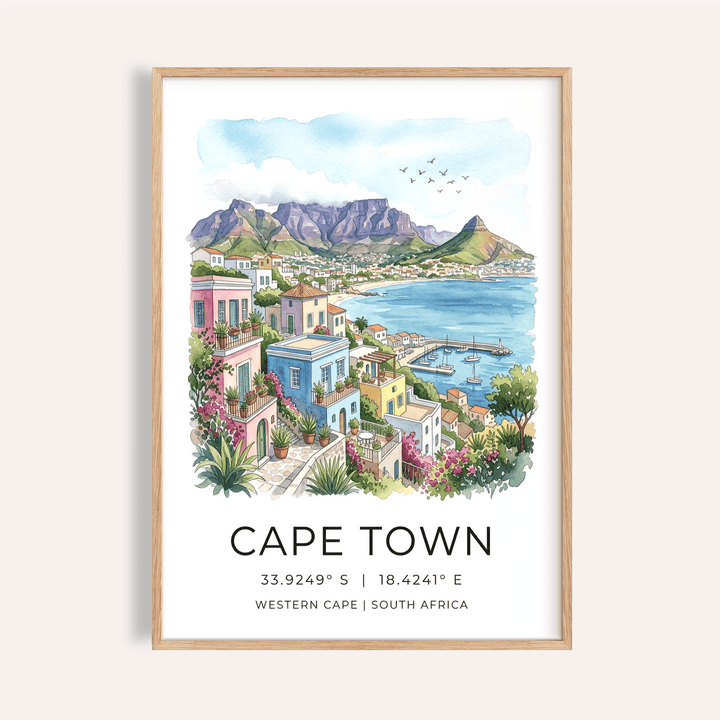 Watercolor Cape Town Art Print poster with Table Mountain, bay, and hillside houses