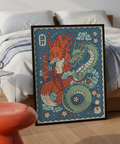 Japanese folklore print showing kitsune flames beside a winding dragon