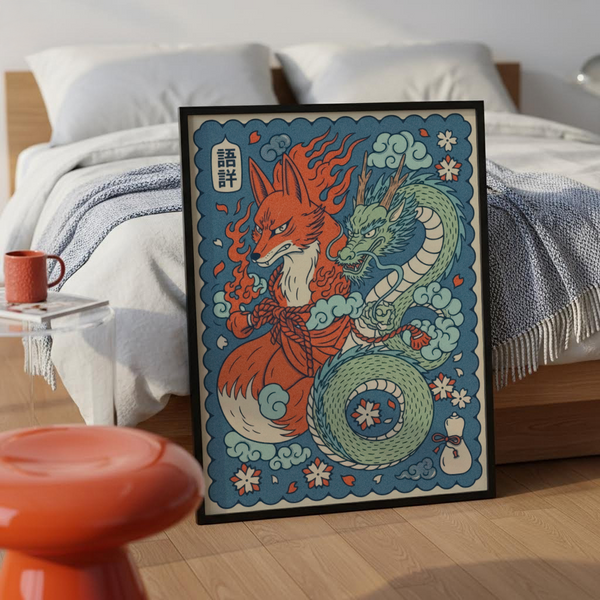 Japanese folklore print showing kitsune flames beside a winding dragon