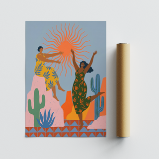 Illustration-led figure print with tile motif floor and simplified plant shapes