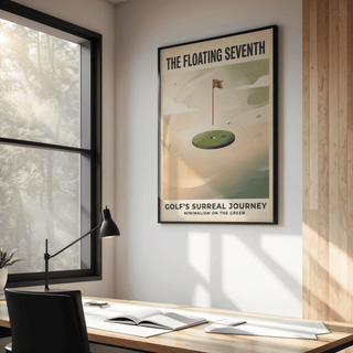 Surreal Golf Art Print with circular floating green, flagstick marked 7, and golf ball arc