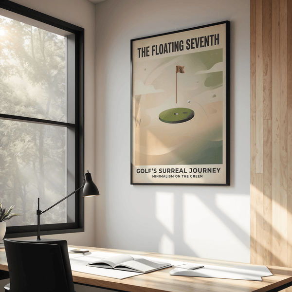 Surreal Golf Art Print with circular floating green, flagstick marked 7, and golf ball arc