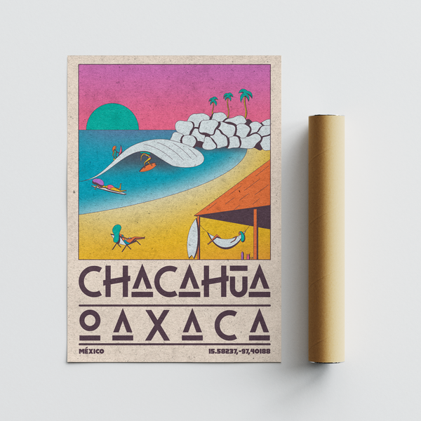 Mexican Beach Poster wall art print featuring CHACAHUA OAXACA lettering and beach illustration