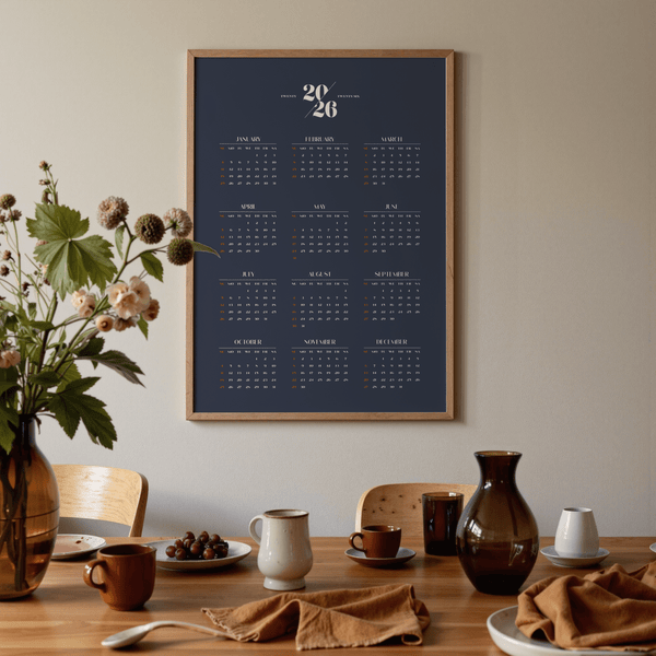 Minimalist Calendar wall art in Blue and White for reading nook
