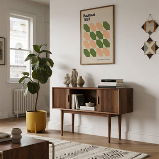Abstract Bauhaus-style poster in art prints mid century color palette.