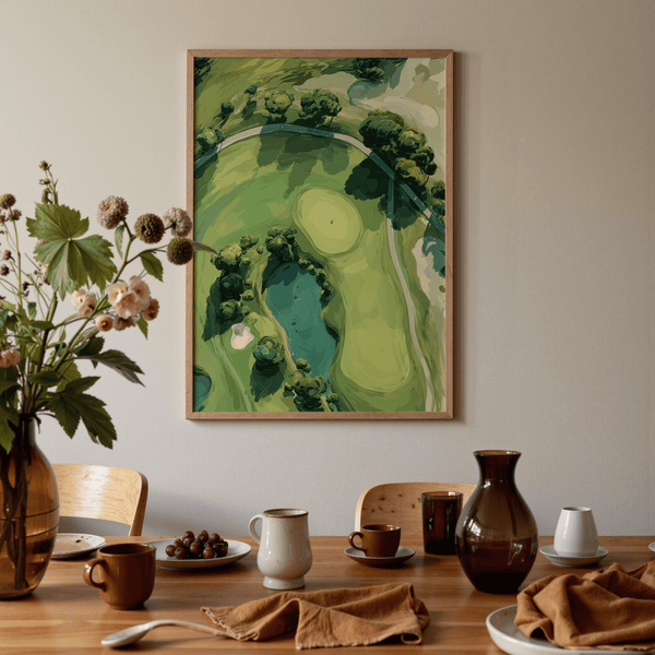 Aerial Golf Landscape Poster featuring a bird’s-eye course view with green and water