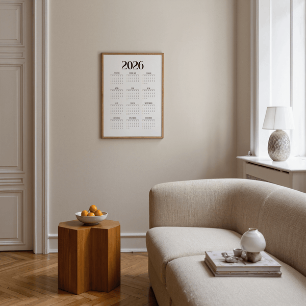 2026 Wall Calendar Print for kitchen decor in black color