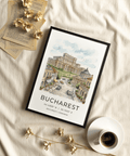 Perspective view of Bucharest Cityscape Art Print showing domed Athenaeum and birds in clear sky