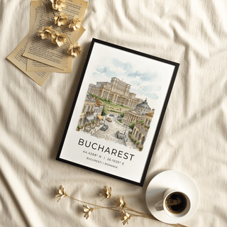Perspective view of Bucharest Cityscape Art Print showing domed Athenaeum and birds in clear sky