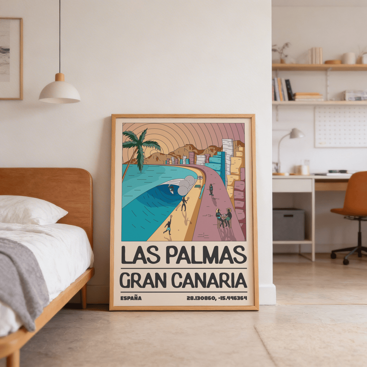 Curved shoreline illustration with palm, promenade, and pastel sky
