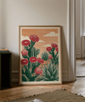Cactus Desert Art vibrant red blooms green cacti wall art
