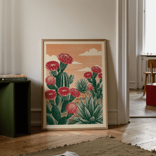 Cactus Desert Art vibrant red blooms green cacti wall art