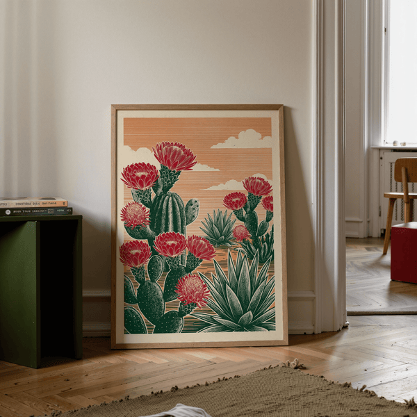 Cactus Desert Art vibrant red blooms green cacti wall art