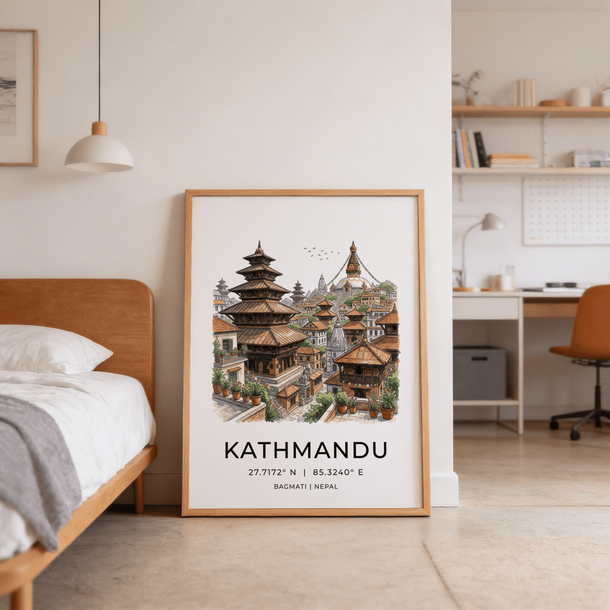 Architectural print featuring Newar-style pagoda roofs, small shrines, and terrace plants
