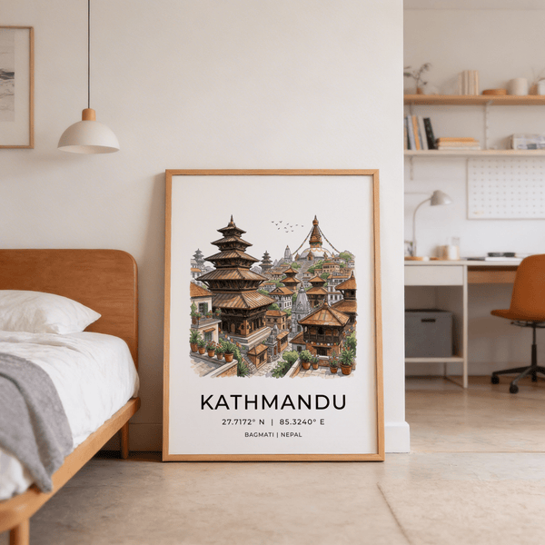 Architectural print featuring Newar-style pagoda roofs, small shrines, and terrace plants