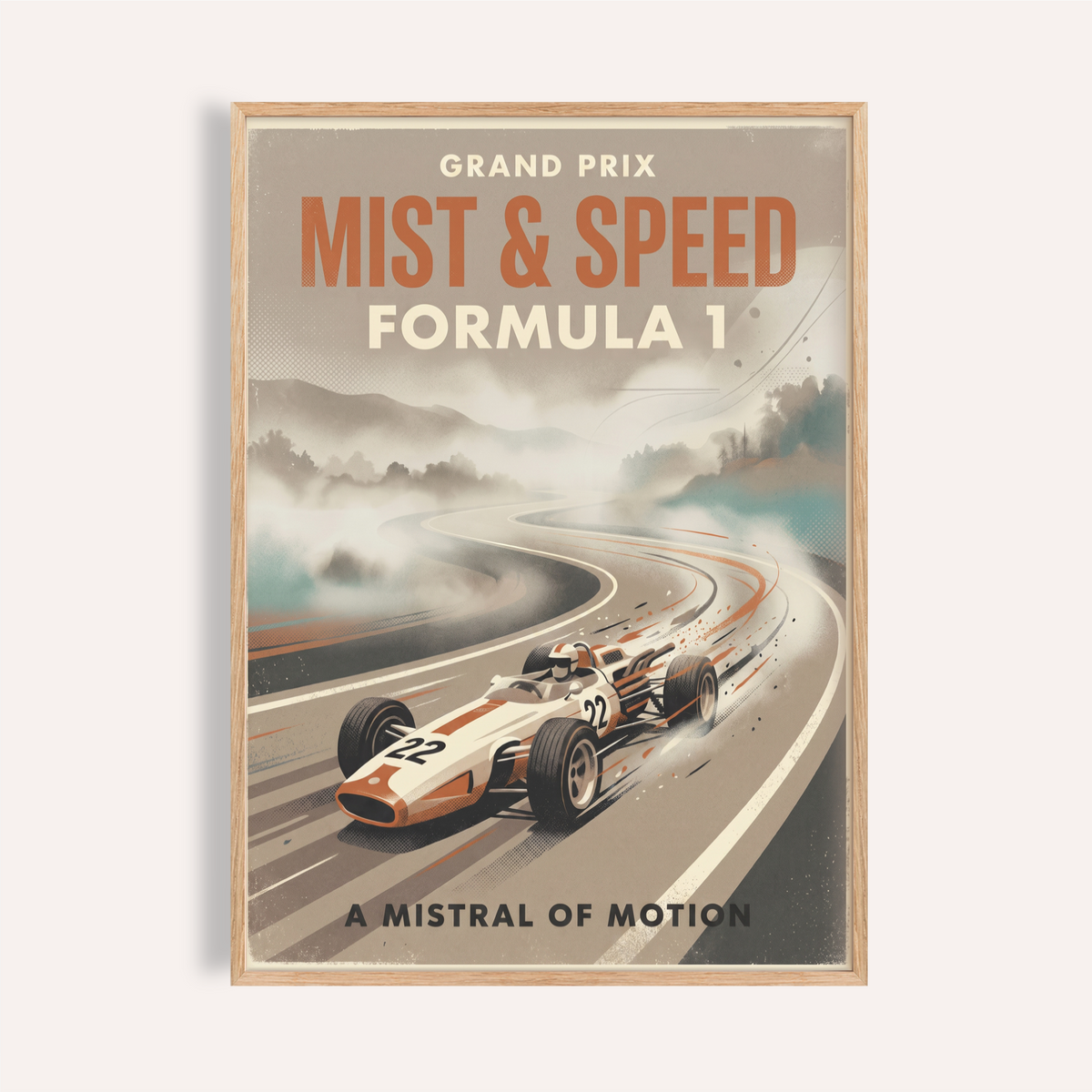 Grand Prix Formula 1 wall art poster with race car on a winding track and misty hills