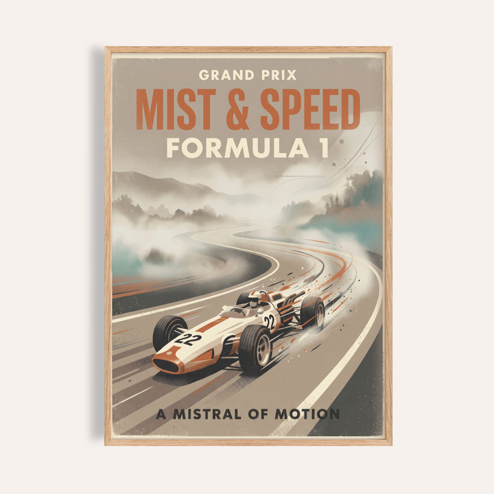 Grand Prix Formula 1 wall art poster with race car on a winding track and misty hills