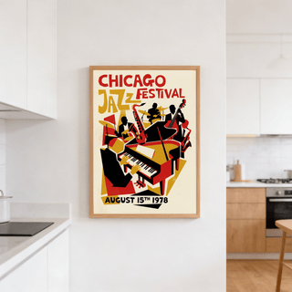 Detail view of Chicago Jazz Festival Poster print showing piano keyboard and angled shapes