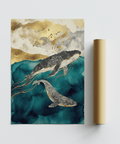 Whale Art Print Blue and Gold watercolor whales for kids room art