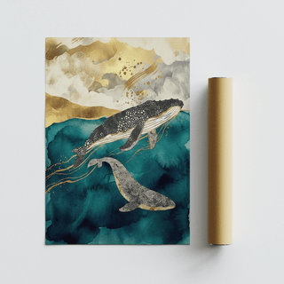 Whale Art Print Blue and Gold watercolor whales for kids room art