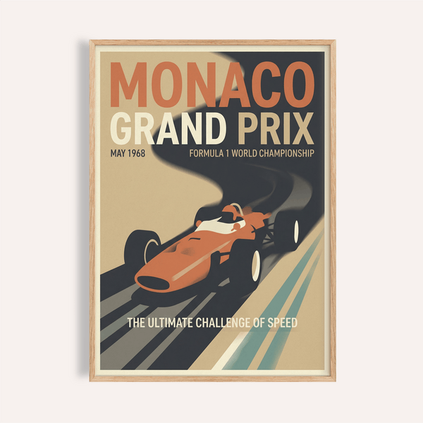 Vintage Formula 1 Poster with bold MONACO GRAND PRIX text and red race car