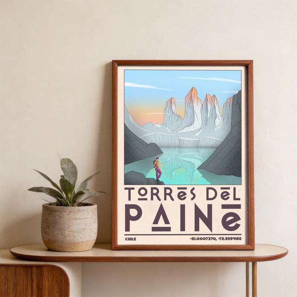 Typography section of Torres Del Paine Art Print with large letterforms and Chile text