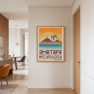 Classic travel wall art print with leaning palm tree beside volcano scene