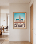 Typography-focused poster detail showing GRAN-PLACE BRUSSELS lettering and coordinate numbers on travel wall art print