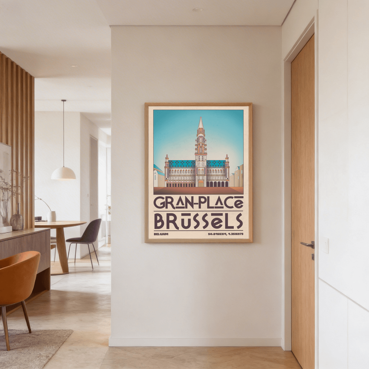 Typography-focused poster detail showing GRAN-PLACE BRUSSELS lettering and coordinate numbers on travel wall art print