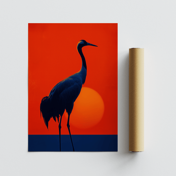 Modern wall art poster Cranes Silhouette Art Print blue yellow theme