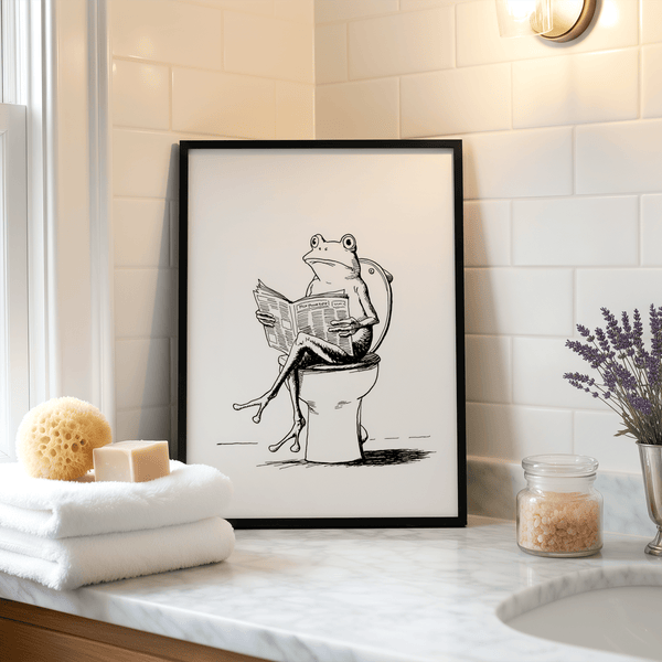 Black and white linework poster of frog holding an open newspaper while seated on a toilet