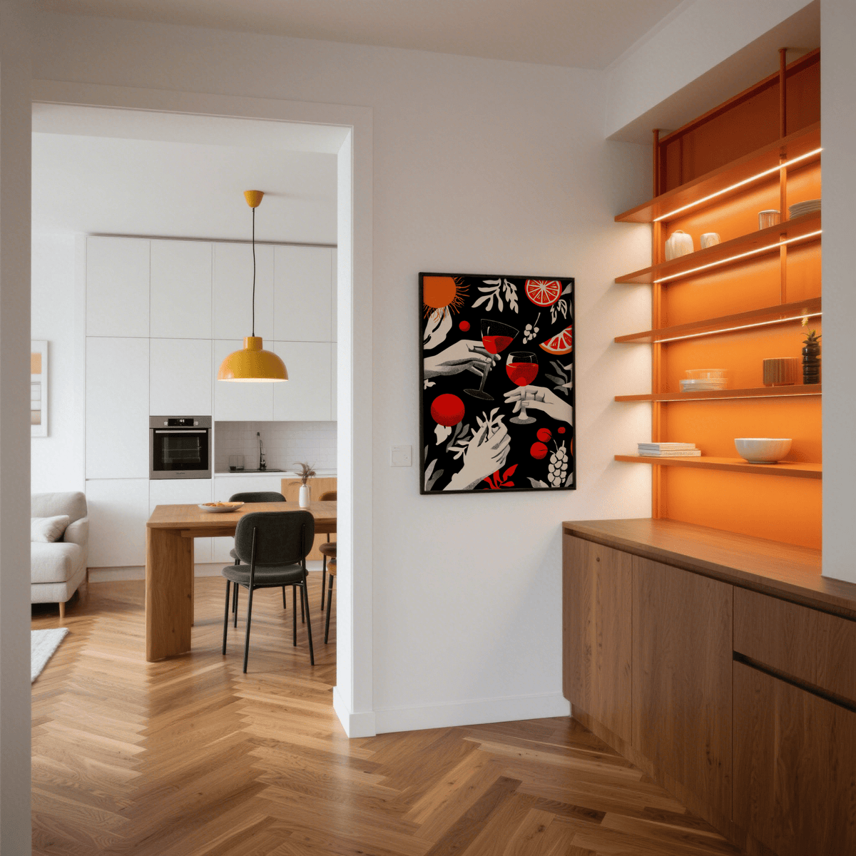 Celebration Wall Art with wine toast hands, citrus wedges, and dotted texture shading