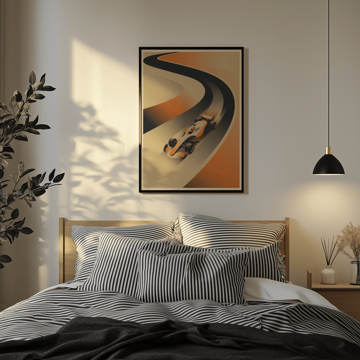 Top-down curve track poster print highlighting a single race car entering the corner