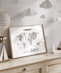 Childs World Map art print for child's room, Multicolored, Gray, White, learning decor