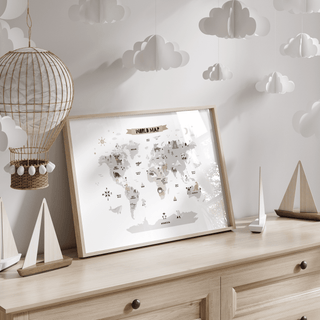 Childs World Map art print for child's room, Multicolored, Gray, White, learning decor