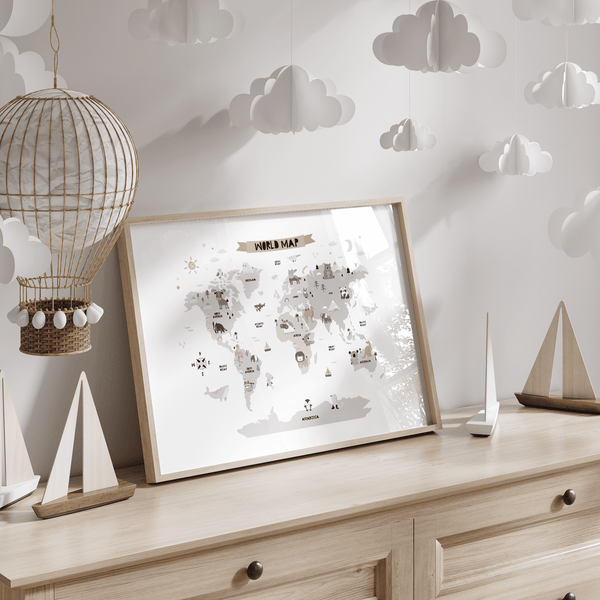 Childs World Map art print for child's room, Multicolored, Gray, White, learning decor
