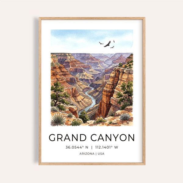 Overview of Grand Canyon Art Print poster with layered cliffs and winding river