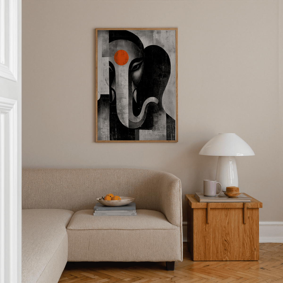 Graphic Ganesh wall art poster showing simplified face, single eye detail, and curved trunk line