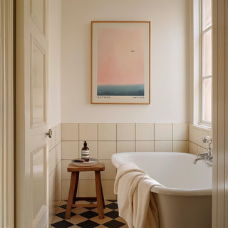 Serene pink and blue wall art design with bird in flight.
