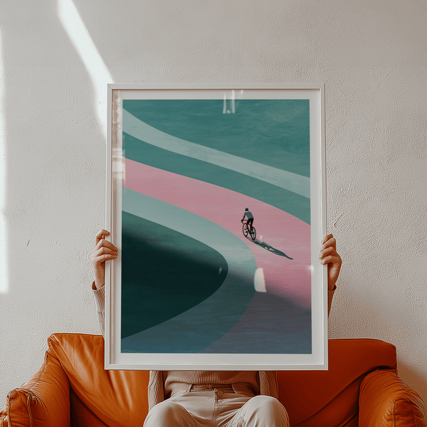 Minimalist Cycling Art Print with sweeping Pink Green Blue bands