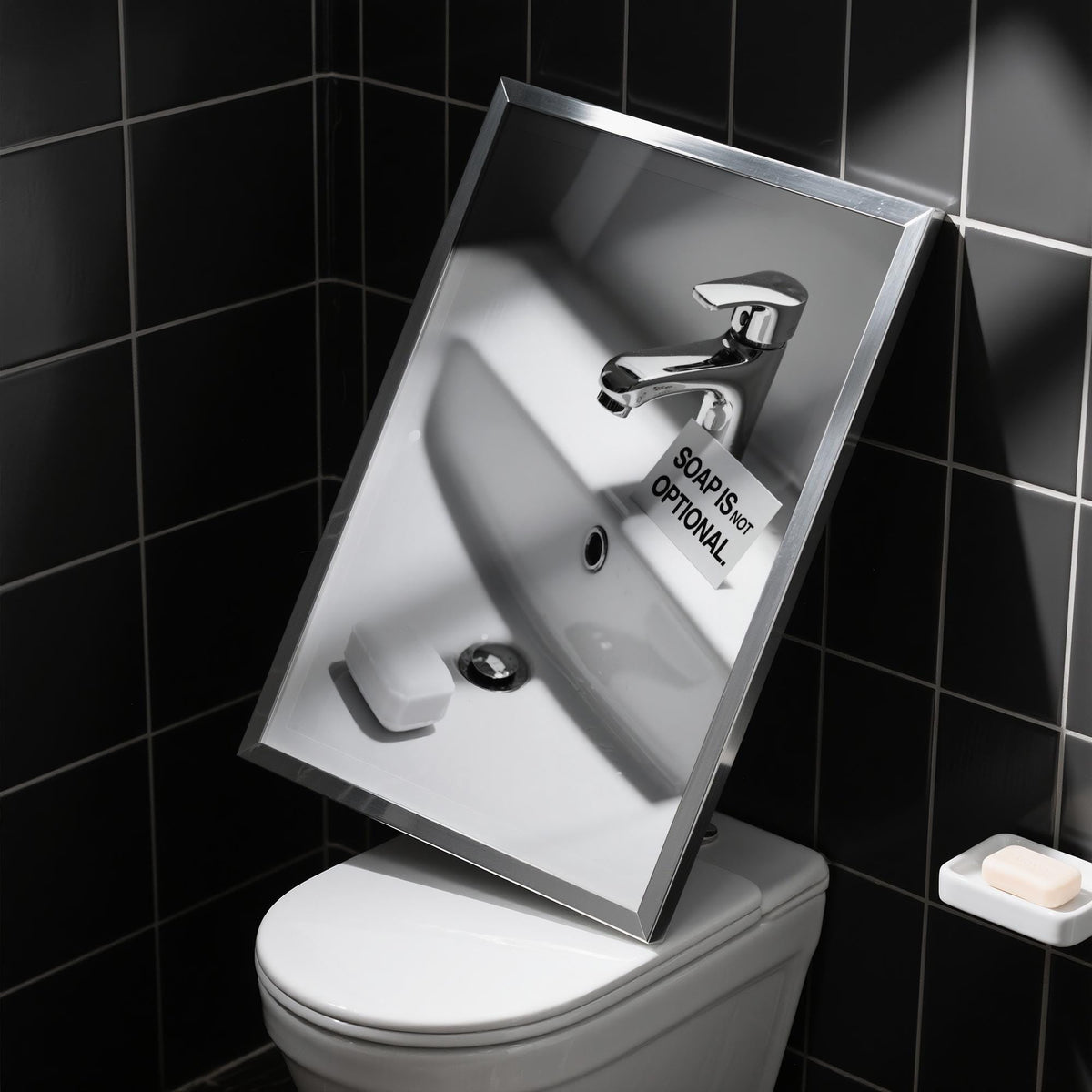Black and white hygiene reminder displayed as wash hands sign.