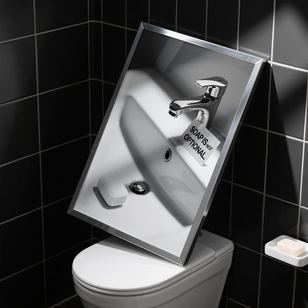 Black and white hygiene reminder displayed as wash hands sign.