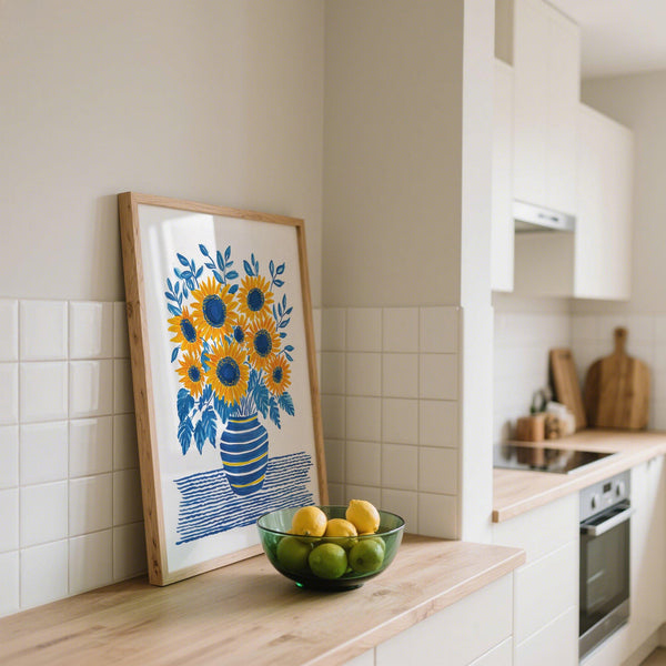Sunflower Print wall art with golden blooms in a rustic blue vase on striped tablecloth.