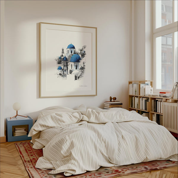 Santorini wall art with iconic blue dome churches in square format