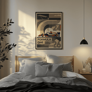 Retro-inspired motorsport poster print showing a stylized open-wheel car and oversized numbers
