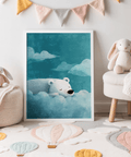 Polar Bear Wall Art with blue background and white bear for a playroom art print