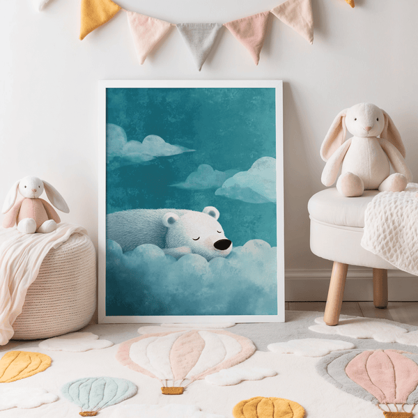 Polar Bear Wall Art with blue background and white bear for a playroom art print
